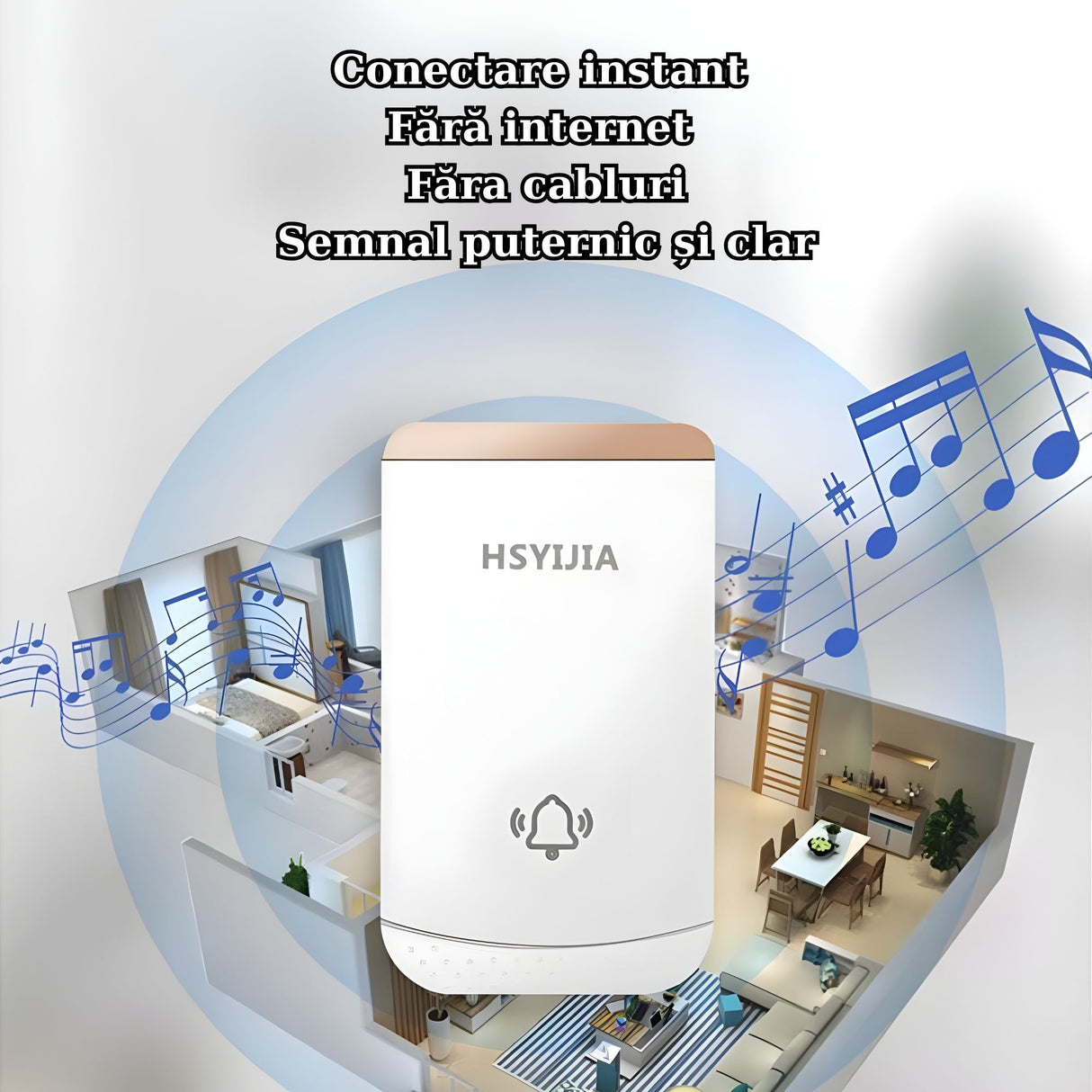 Sonerie Wireless, Flippy, Rezistenta la Stropi, Kit cu 2 Receptoare, 38 Melodii, 4 Niveluri Volum, 85 dB, raza 260 m, 9 x 5,6 x 18,5 cm, Alb/Auriu - vivimall.ro
