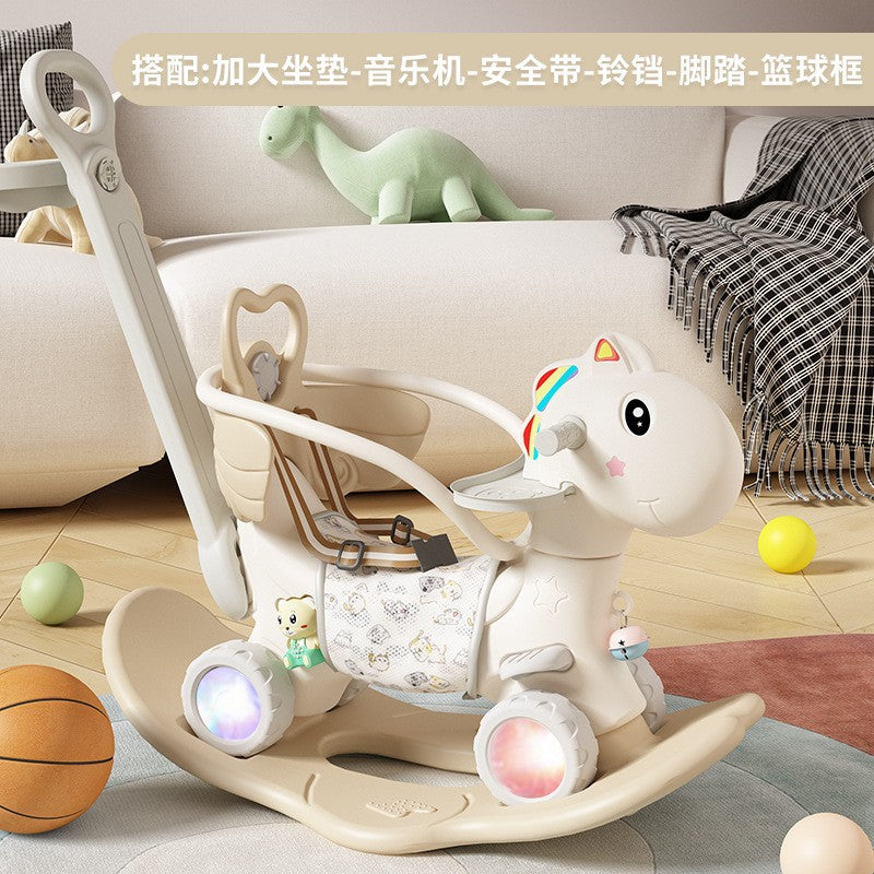 Balansoar pentru Copii, Flippy, 3in1, cu Spatar si Bara de Siguranta, Maner cu Cos de Basket, Tava de Masa, Roti Luminoase, 80 x 43 x 83 cm, din Plastic, + 3 Ani, Bej - vivimall.ro