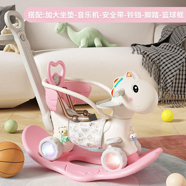 Balansoar pentru Copii, Flippy, 3in1, cu Spatar si Bara de Siguranta, Maner cu Cos de Basket, Tava de Masa, Roti Luminoase, 80 x 43 x 83 cm, din Plastic, + 3 Ani, Roz - vivimall.ro