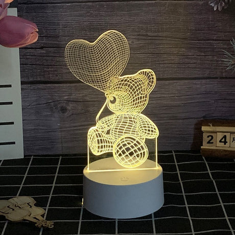 Lampa Led Decorativa, 3D, Ursulet Cu Balon Inima, Cu Telecomanda, Doua Moduri De Alimentare Usb Si Baterii, 20 Cm Inaltime, Din Material Acril Si Lumina A, Alb - vivimall.ro