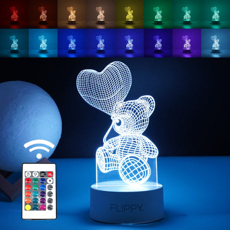 Lampa Led Decorativa, 3D, Ursulet Cu Balon Inima, Cu Telecomanda, Doua Moduri De Alimentare Usb Si Baterii, 20 Cm Inaltime, Din Material Acril Si Lumina A, Alb - vivimall.ro