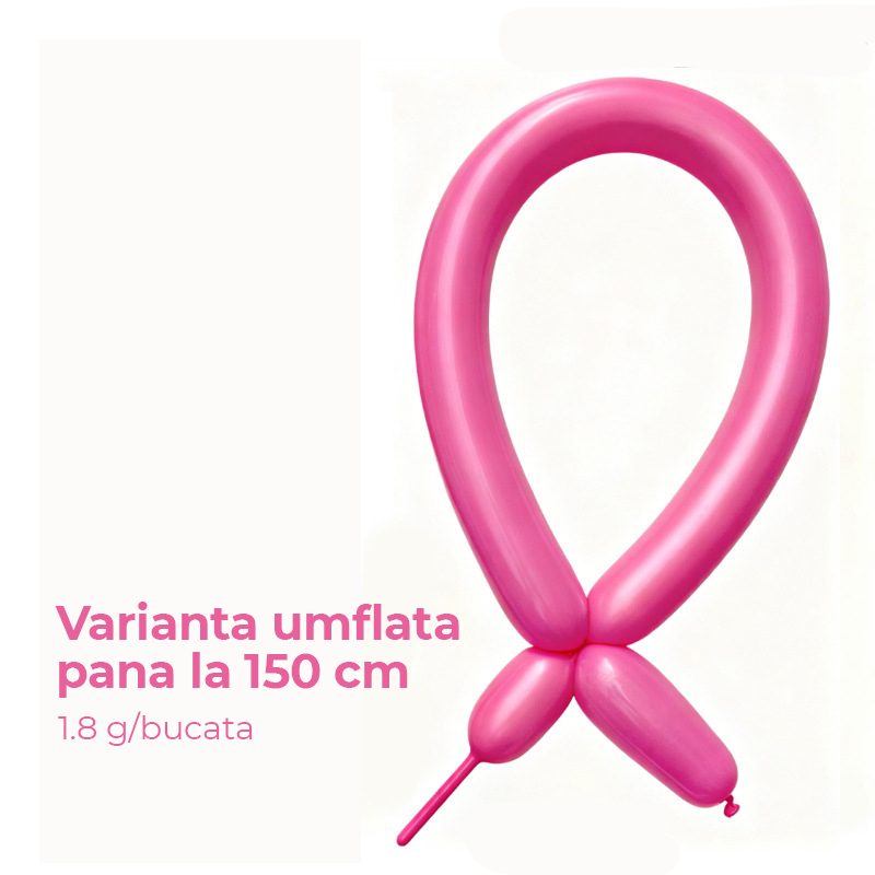 Baloane latex Flippy fucsia extinse, lungime 150 cm, detaliu material și culoare vibrantă