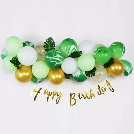 Baloane Decorative Din Latex Si Banner Happy Birthday, Set 37 De Piese, Verde, Alb - vivimall.ro