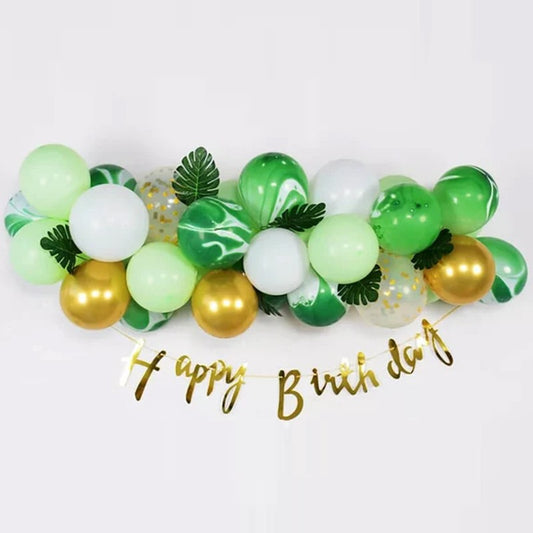 Baloane decorative din Latex si Banner Happy Birthday, Vivimall, Model Aniversare, Set 37 de Piese, Verde, Auriu, Alb