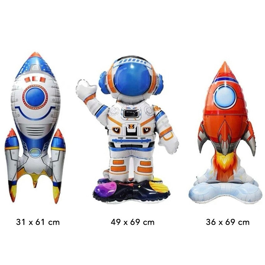 Baloane din Folie Metalizata, Flippy, set 3 Baloane pentru Baieti, Model Astronaut 49 x 69 cm, Racheta Alba 31 x 61 cm, Racheta Rosie 36 x 69 cm, Pai din carton inclus, Multicolor