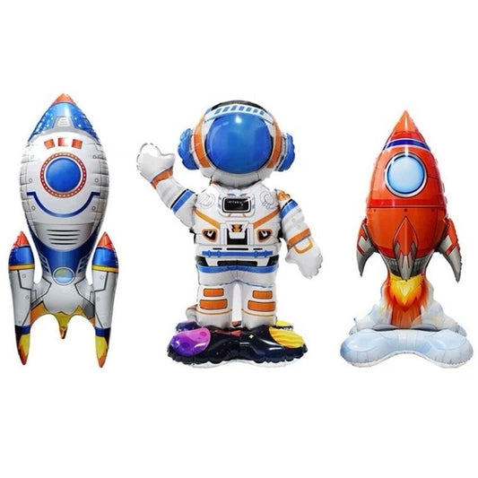 Baloane Din Folie Metalizata, Set 3 Baloane Pentru Baieti, Model Astronaut, Racheta Alba 31 X 61 Cm, Racheta Rosie 36 X 69 Cm, Pai Din Carton Inclus