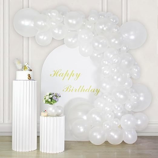 Baloane din Latex pentru Arcada, Vivimall, Set din 120 baloane, Model Party, Botez, Pai transparent si adeziv inclus in cutie, 23 cm, Alb