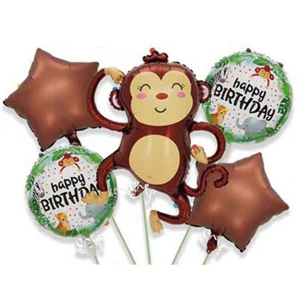 Baloane pentru aniversare, Flippy, tematica Happy Birthday, set 5 baloane, 1 Maimuta 85 x 89 cm, 2 Stele, 2 Rotunde, din folie de aluminiu, pai de carton inclus, Maro