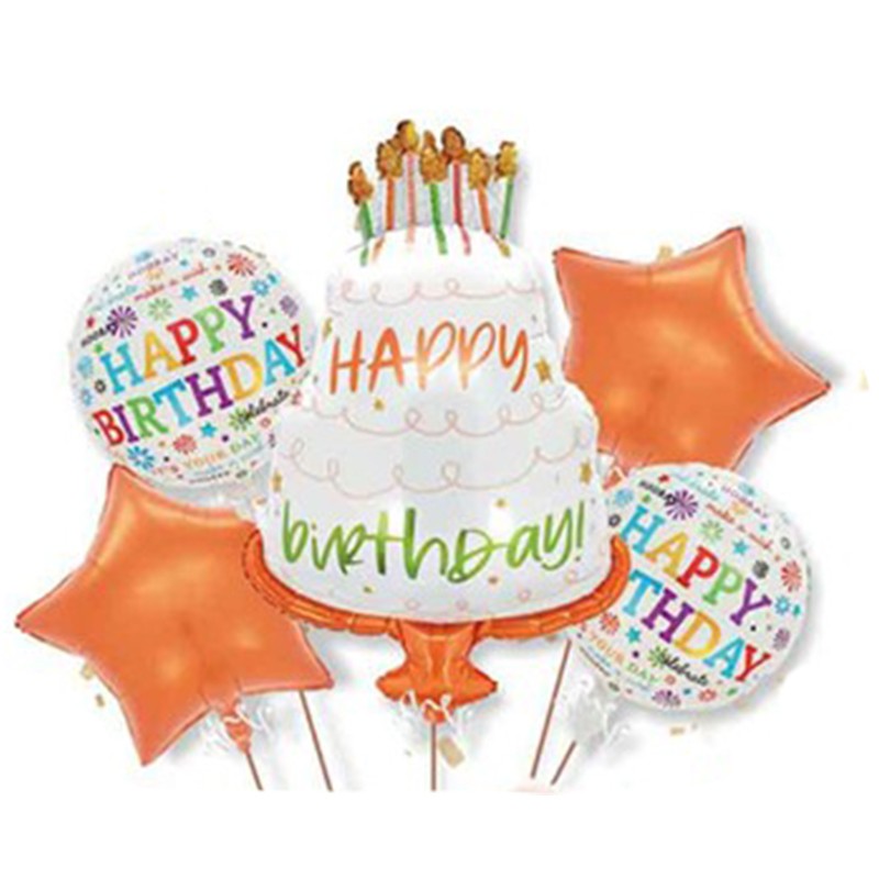 Baloane pentru aniversare, Flippy, tematica Happy Birthday, set 5 baloane, 1 TORT 70 x 101 cm, 2 Stele, 2 Rotunde, din folie de aluminiu, pai de carton inclus, Portocaliu