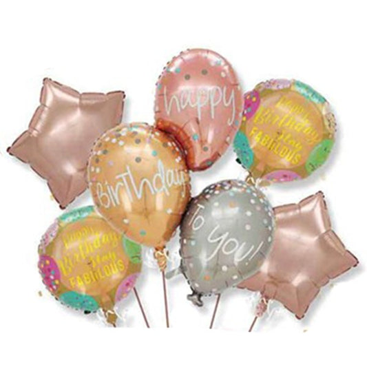 Baloane pentru aniversare, Vivimall, tematica Happy Birthday, set 7 baloane, 3 in1 Balon 86 x 110 cm, 2 Stele, 2 Rotunde, din folie de aluminiu, pai de carton inclus, Multicolor - vivimall.ro
