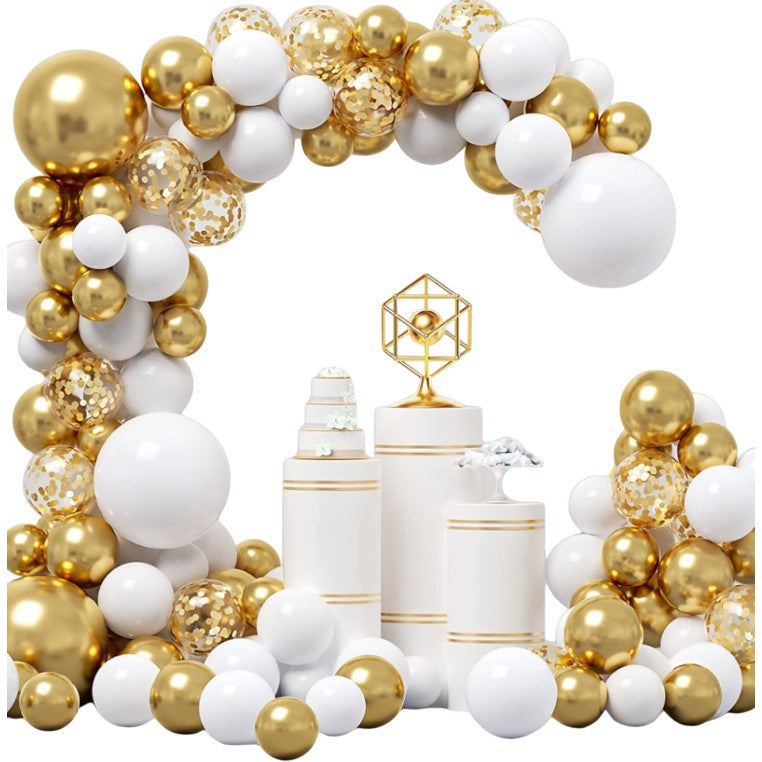 Baloane pentru Arcada decorativa, Vivimall, Set 127 baloane din Latex, Model Petrecere pentru Arcada, Baloane Party, 12 cm, 25 cm, 30 cm, Alb Gold