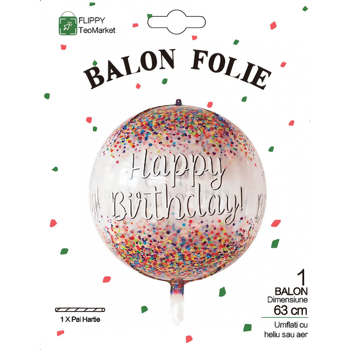 Balon din Folie Metalizata, Flippy, Figurina Rotunda 4D, Model Happy Birthday, Tema Aniversare, 24 x 63 cm, Ambalaj Individual, Pai inclus, Umflare cu Aer sau Heliu, Maro
