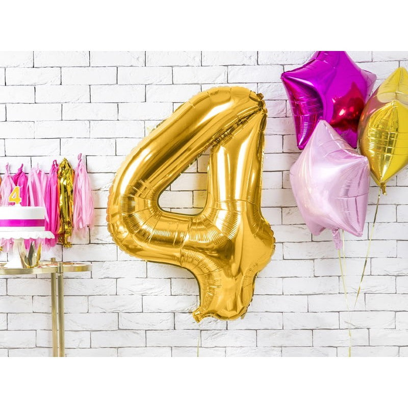 Balon Din Folie Metalizata, Figurina Cifra, Tema Aniversare 100 Cm, Ambalaj Individual, Pai Inclus, Umflare Cu Aer Sau Heliu, Cifra 4 - vivimall.ro