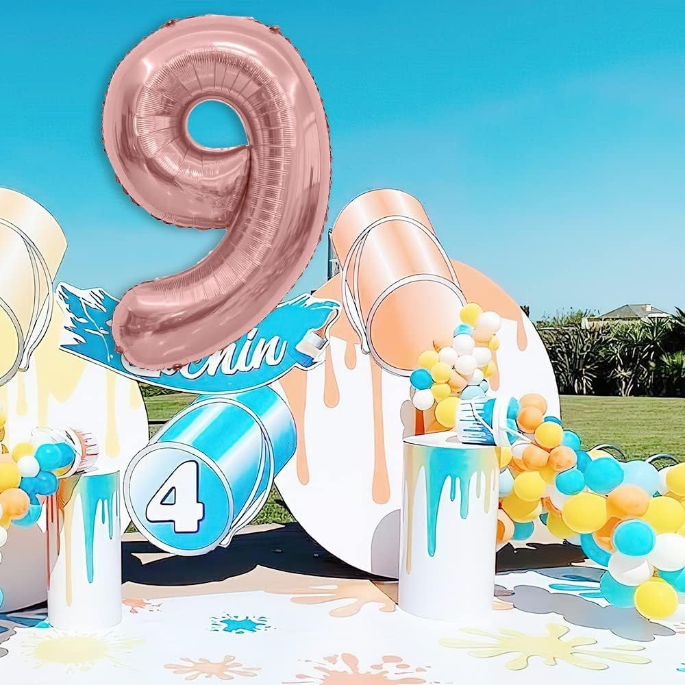 Balon Din Folie Metalizata Figurina Cifra, Tema Aniversare 80 Cm, Ambalaj Individual, Pai Inclus, Umflare Cu Aer Sau Heliu, Rose Gold, Cifra 9 - vivimall.ro