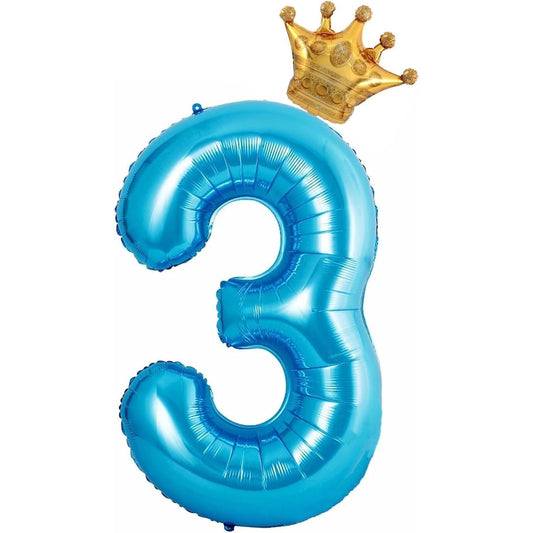 Balon din Folie Metalizata Vivimall, Figurina Cifra si Coroana, Tema Aniversare 100 cm, Ambalaj Individual, Pai inclus, Umflare cu Aer sau Heliu, Albastru, Cifra 3 - vivimall.ro