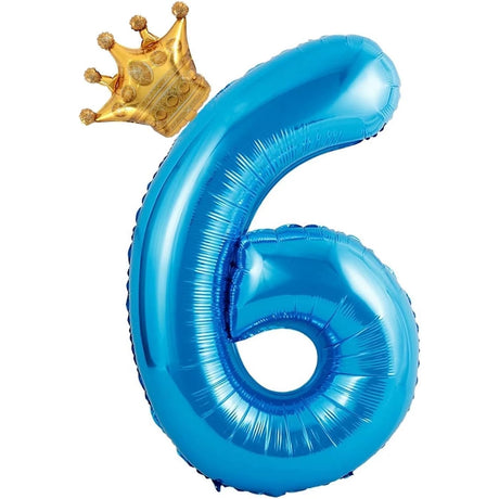 Balon Din Folie Metalizata Figurina Cifra Si Coroana, Tema Aniversare 100 Cm, Ambalaj Individual, Pai Inclus, Umflare Cu Aer Sau Heliu, Cifra 6 - vivimall.ro