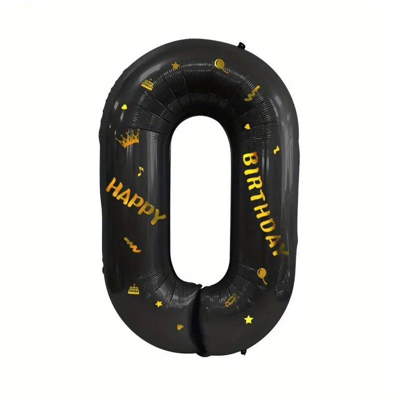 Balon din Folie Metalizata Vivimall, Figurina Cifra si Coroana, Scris Happy Birthday, Tema Aniversare 100 cm, Ambalaj Individual, Pai inclus, Umflare cu Aer sau Heliu, Negru, Cifra 0