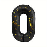 Balon din Folie Metalizata Vivimall, Figurina Cifra si Coroana, Scris Happy Birthday, Tema Aniversare 100 cm, Ambalaj Individual, Pai inclus, Umflare cu Aer sau Heliu, Negru, Cifra 0