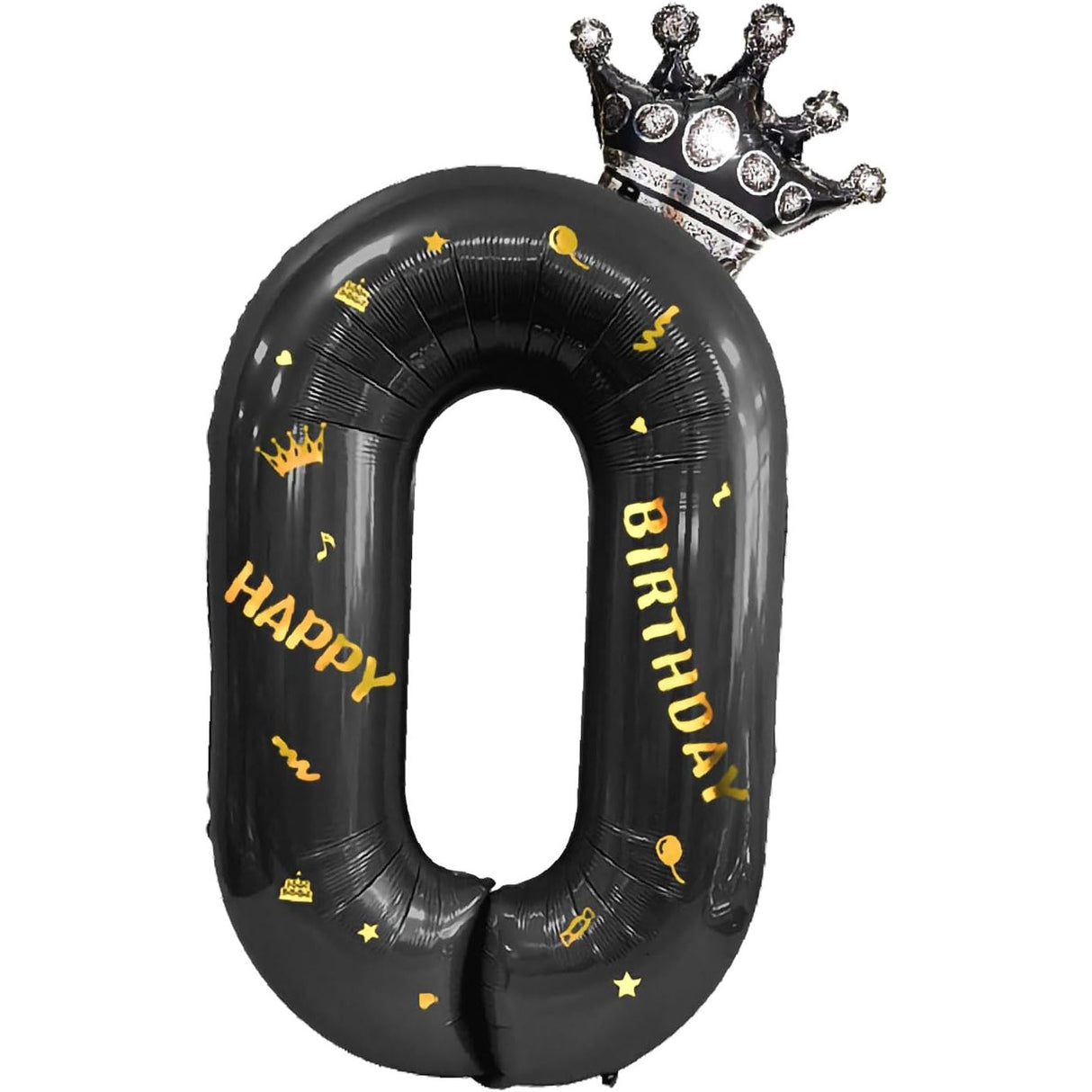 Balon din Folie Metalizata Vivimall, Figurina Cifra si Coroana, Scris Happy Birthday, Tema Aniversare 100 cm, Ambalaj Individual, Pai inclus, Umflare cu Aer sau Heliu, Negru, Cifra 0