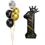 Balon din Folie Metalizata Vivimall, Figurina Cifra si Coroana, Scris Happy Birthday, Tema Aniversare 100 cm, Ambalaj Individual, Pai inclus, Umflare cu Aer sau Heliu, Negru, Cifra 1