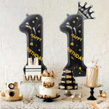 Balon din Folie Metalizata Vivimall, Figurina Cifra si Coroana, Scris Happy Birthday, Tema Aniversare 100 cm, Ambalaj Individual, Pai inclus, Umflare cu Aer sau Heliu, Negru, Cifra 1