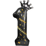Balon din Folie Metalizata Vivimall, Figurina Cifra si Coroana, Scris Happy Birthday, Tema Aniversare 100 cm, Ambalaj Individual, Pai inclus, Umflare cu Aer sau Heliu, Negru, Cifra 1