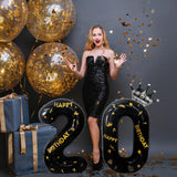 Balon din Folie Metalizata Vivimall, Figurina Cifra si Coroana, Scris Happy Birthday, Tema Aniversare 100 cm, Ambalaj Individual, Pai inclus, Umflare cu Aer sau Heliu, Negru, Cifra 2
