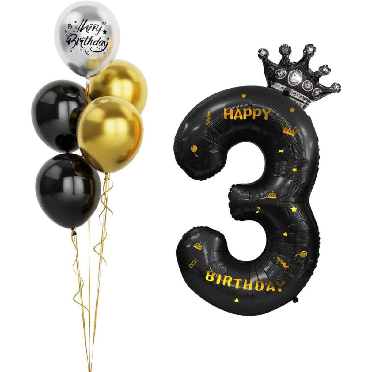Balon Din Folie Metalizata Figurina Cifra Si Coroana, Scris Happy Birthday, Tema Aniversare 100 Cm, Ambalaj Individual, Pai Inclus, Umflare Cu Aer Sau Heliu, Cifra 3 - vivimall.ro
