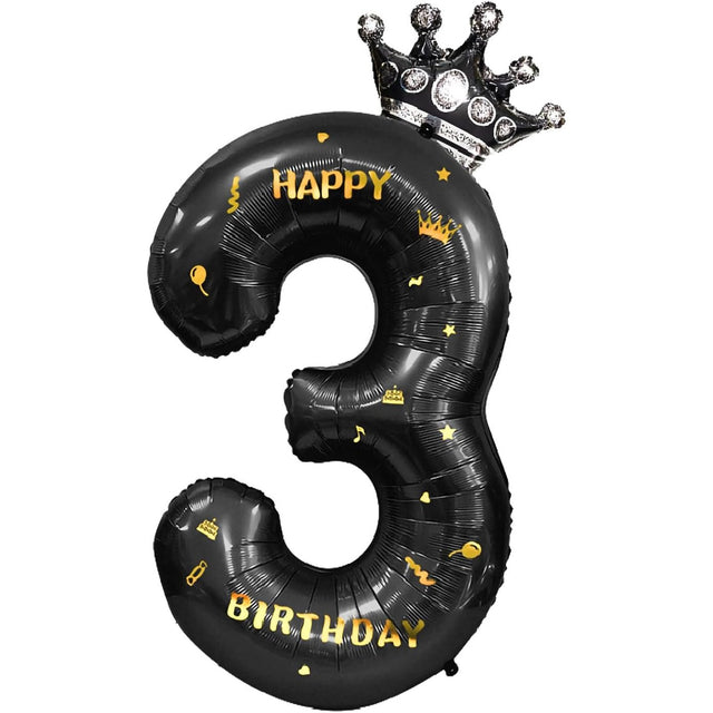 Balon Din Folie Metalizata Figurina Cifra Si Coroana, Scris Happy Birthday, Tema Aniversare 100 Cm, Ambalaj Individual, Pai Inclus, Umflare Cu Aer Sau Heliu, Cifra 3 - vivimall.ro