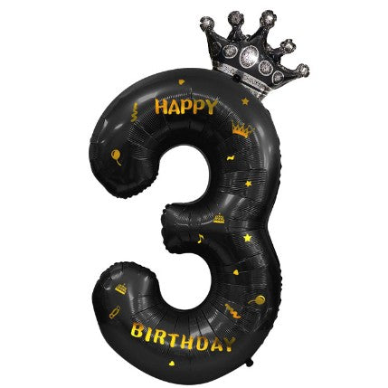 Balon din Folie Metalizata Vivimall, Figurina Cifra si Coroana, Scris Happy Birthday, Tema Aniversare 100 cm, Ambalaj Individual, Pai inclus, Umflare cu Aer sau Heliu, Negru, Cifra 3