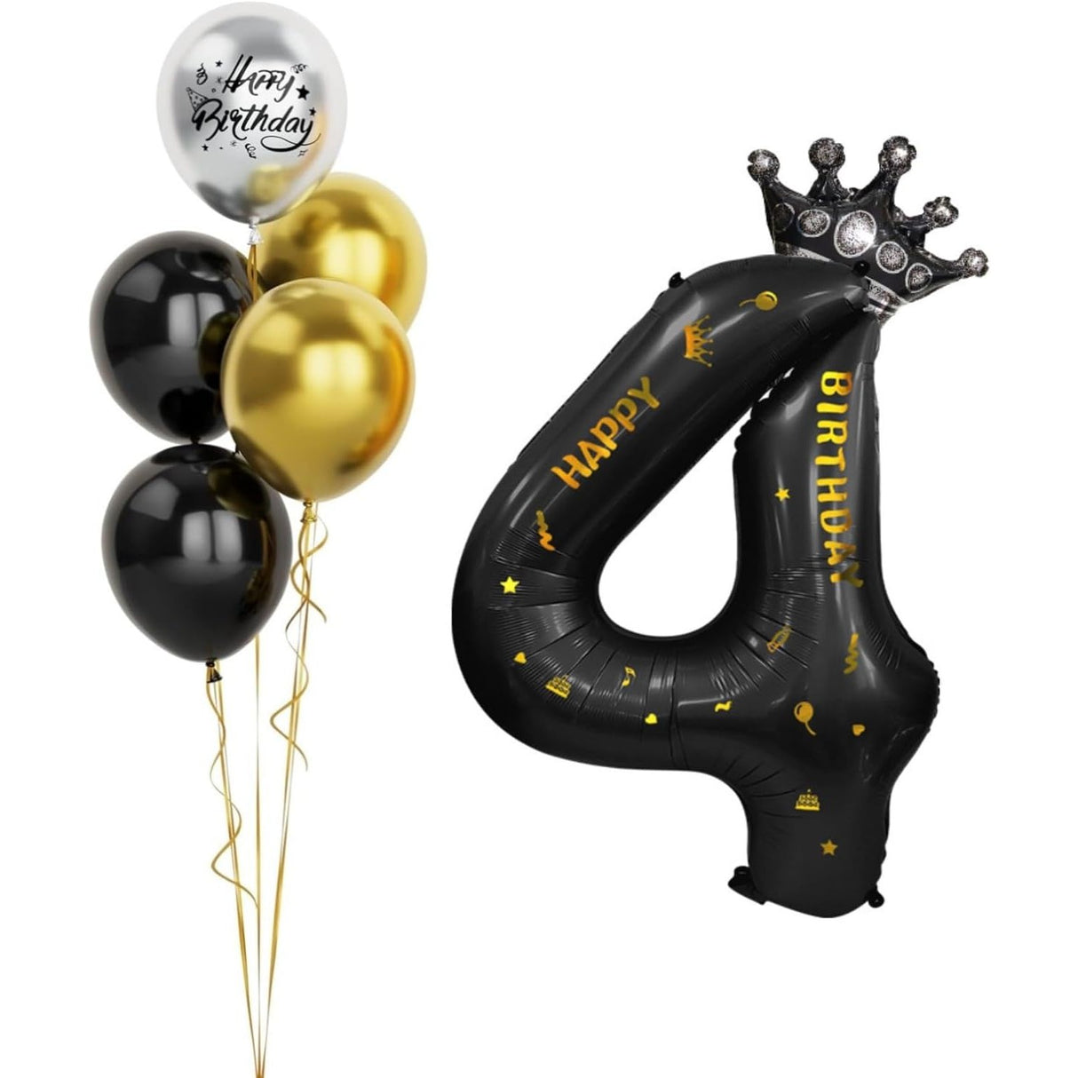 Balon din Folie Metalizata Vivimall, Figurina Cifra si Coroana, Scris Happy Birthday, Tema Aniversare 100 cm, Ambalaj Individual, Pai inclus, Umflare cu Aer sau Heliu, Negru, Cifra 4