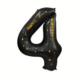 Balon din Folie Metalizata Vivimall, Figurina Cifra si Coroana, Scris Happy Birthday, Tema Aniversare 100 cm, Ambalaj Individual, Pai inclus, Umflare cu Aer sau Heliu, Negru, Cifra 4