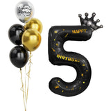 Balon din Folie Metalizata Vivimall, Figurina Cifra si Coroana, Scris Happy Birthday, Tema Aniversare 100 cm, Ambalaj Individual, Pai inclus, Umflare cu Aer sau Heliu, Negru, Cifra 5