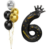 Balon din Folie Metalizata Vivimall, Figurina Cifra si Coroana, Scris Happy Birthday, Tema Aniversare 100 cm, Ambalaj Individual, Pai inclus, Umflare cu Aer sau Heliu, Negru, Cifra 6