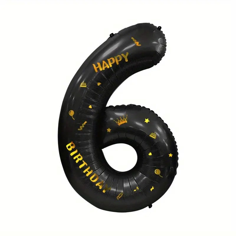 Balon din Folie Metalizata Vivimall, Figurina Cifra si Coroana, Scris Happy Birthday, Tema Aniversare 100 cm, Ambalaj Individual, Pai inclus, Umflare cu Aer sau Heliu, Negru, Cifra 6