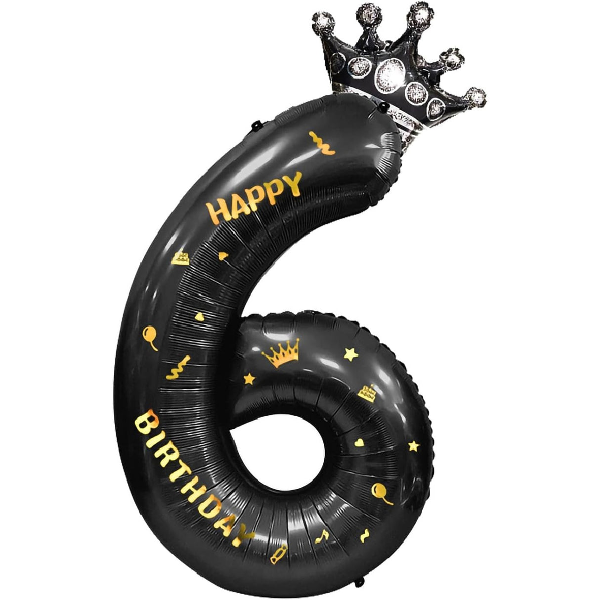 Balon din Folie Metalizata Vivimall, Figurina Cifra si Coroana, Scris Happy Birthday, Tema Aniversare 100 cm, Ambalaj Individual, Pai inclus, Umflare cu Aer sau Heliu, Negru, Cifra 6