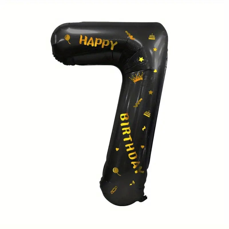 Balon din Folie Metalizata Vivimall, Figurina Cifra si Coroana, Scris Happy Birthday, Tema Aniversare 100 cm, Ambalaj Individual, Pai inclus, Umflare cu Aer sau Heliu, Negru, Cifra 7