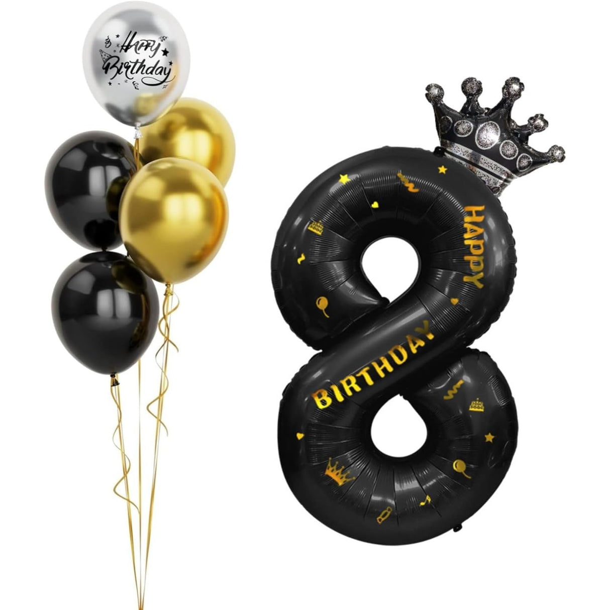 Balon din Folie Metalizata Vivimall, Figurina Cifra si Coroana, Scris Happy Birthday, Tema Aniversare 100 cm, Ambalaj Individual, Pai inclus, Umflare cu Aer sau Heliu, Negru, Cifra 8