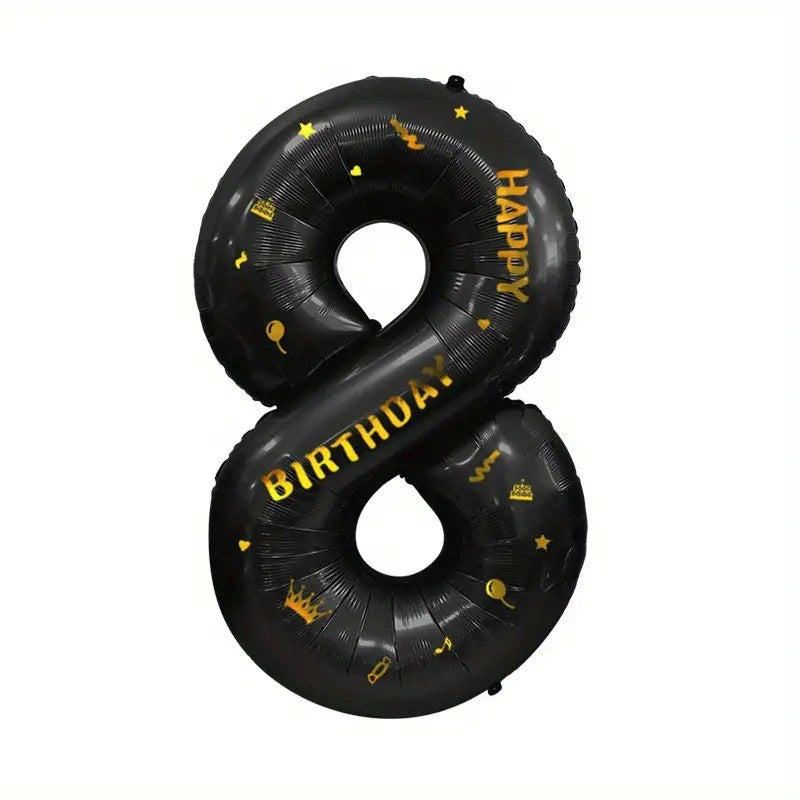 Balon din Folie Metalizata Vivimall, Figurina Cifra si Coroana, Scris Happy Birthday, Tema Aniversare 100 cm, Ambalaj Individual, Pai inclus, Umflare cu Aer sau Heliu, Negru, Cifra 8