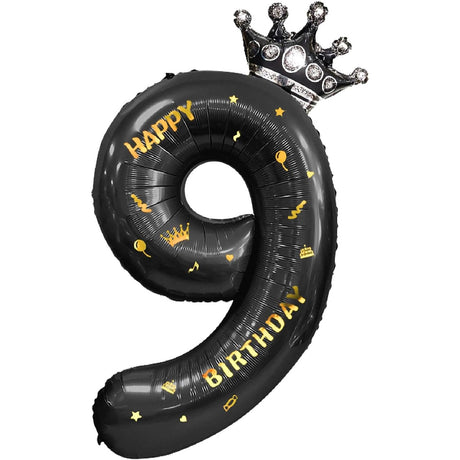 Balon Din Folie Metalizata Figurina Cifra Si Coroana, Scris Happy Birthday, Tema Aniversare 100 Cm, Ambalaj Individual, Pai Inclus, Umflare Cu Aer Sau Heliu, Cifra 9 - vivimall.ro