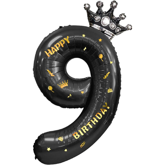 Balon Din Folie Metalizata Figurina Cifra Si Coroana, Scris Happy Birthday, Tema Aniversare 100 Cm, Ambalaj Individual, Pai Inclus, Umflare Cu Aer Sau Heliu, Cifra 9 - vivimall.ro