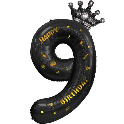 Balon din Folie Metalizata Vivimall, Figurina Cifra si Coroana, Scris Happy Birthday, Tema Aniversare 100 cm, Ambalaj Individual, Pai inclus, Umflare cu Aer sau Heliu, Negru, Cifra 9