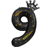 Balon din Folie Metalizata Vivimall, Figurina Cifra si Coroana, Scris Happy Birthday, Tema Aniversare 100 cm, Ambalaj Individual, Pai inclus, Umflare cu Aer sau Heliu, Negru, Cifra 9