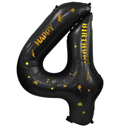 Balon din Folie Metalizata Vivimall, Figurina Cifra, Scris Happy Birthday, Tema Aniversare 100 cm, Ambalaj Individual, Pai inclus, Umflare cu Aer sau Heliu, Negru, Cifra 4 - vivimall.ro