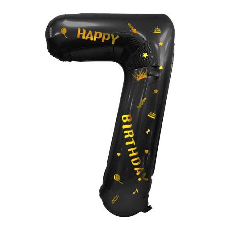 Balon din Folie Metalizata Vivimall, Figurina Cifra, Scris Happy Birthday, Tema Aniversare 100 cm, Ambalaj Individual, Pai inclus, Umflare cu Aer sau Heliu, Negru, Cifra 7 - vivimall.ro