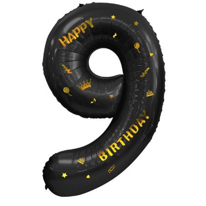 Balon din Folie Metalizata Vivimall, Figurina Cifra, Scris Happy Birthday, Tema Aniversare 100 cm, Ambalaj Individual, Pai inclus, Umflare cu Aer sau Heliu, Negru, Cifra 9 - vivimall.ro