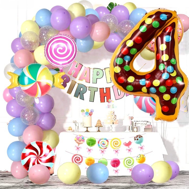 Balon Din Folie Metalizata Figurina Cifra, Imprimeu Gogosi, Tema Aniversare 100 Cm, Ambalaj Individual, Pai Inclus, Umflare Cu Aer Sau Heliu, Cifra 4 - vivimall.ro