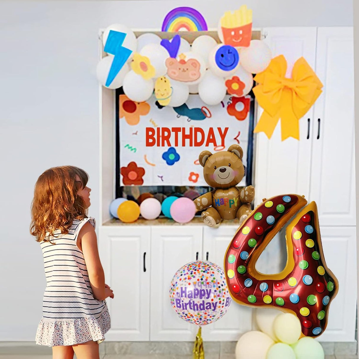Balon Din Folie Metalizata Figurina Cifra, Imprimeu Gogosi, Tema Aniversare 100 Cm, Ambalaj Individual, Pai Inclus, Umflare Cu Aer Sau Heliu, Cifra 4 - vivimall.ro
