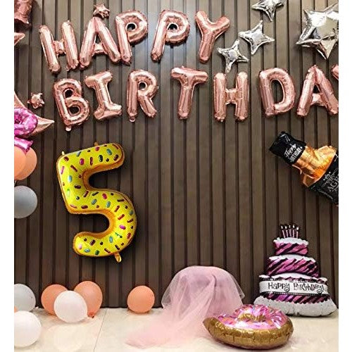 Balon din Folie Metalizata Vivimall, Figurina Cifra, Imprimeu Gogosi, Tema Aniversare 100 cm, Ambalaj Individual, Pai inclus, Umflare cu Aer sau Heliu, Multicolor, Cifra 5