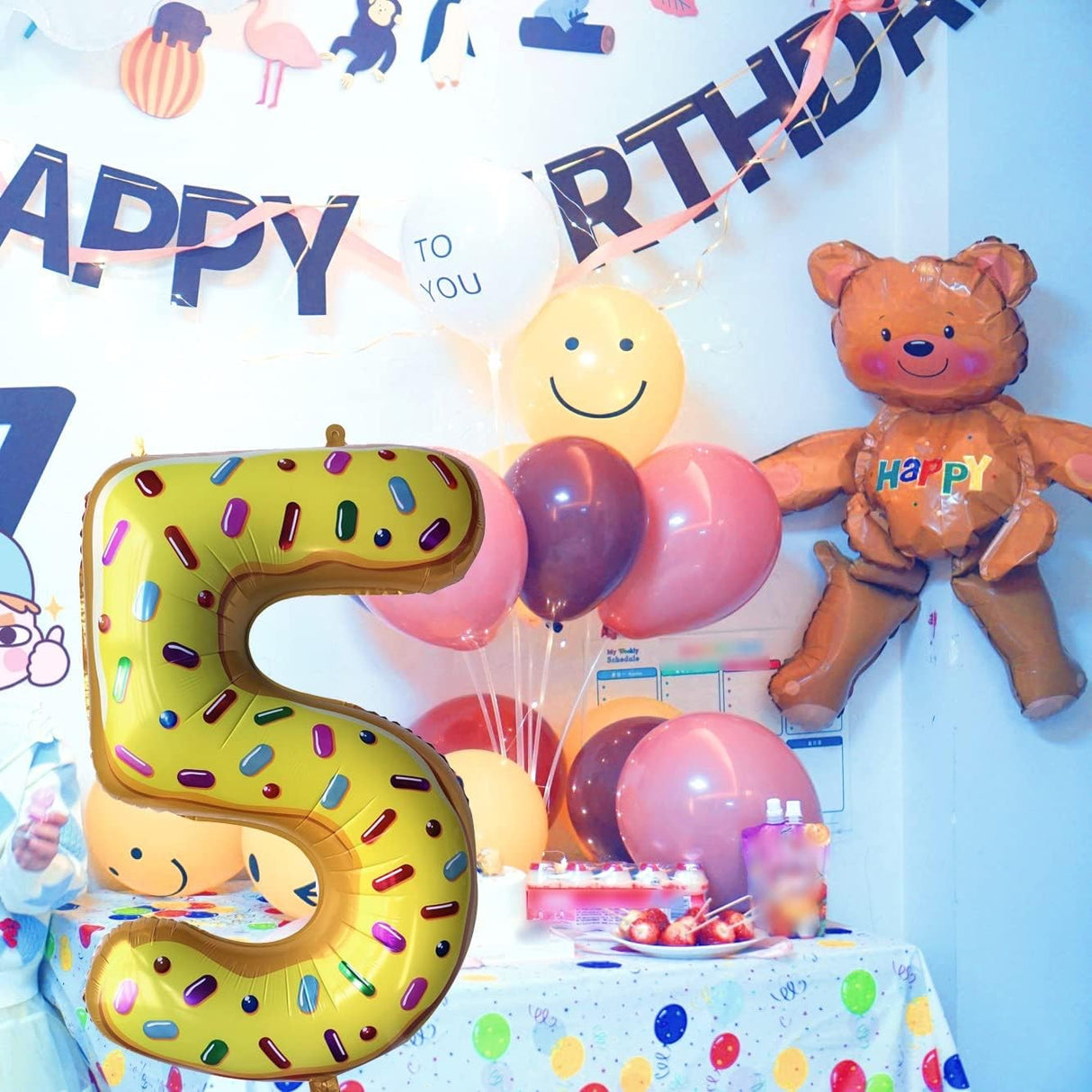 Balon din Folie Metalizata Vivimall, Figurina Cifra, Imprimeu Gogosi, Tema Aniversare 100 cm, Ambalaj Individual, Pai inclus, Umflare cu Aer sau Heliu, Multicolor, Cifra 5